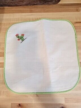 Vintage White Napkin Or Placemat with Lime Green Trim and Cactus Embroidery